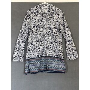 Tommy Bahama Women's Small Tall Button Up Shirt Blue White Hawaiian Print Floral